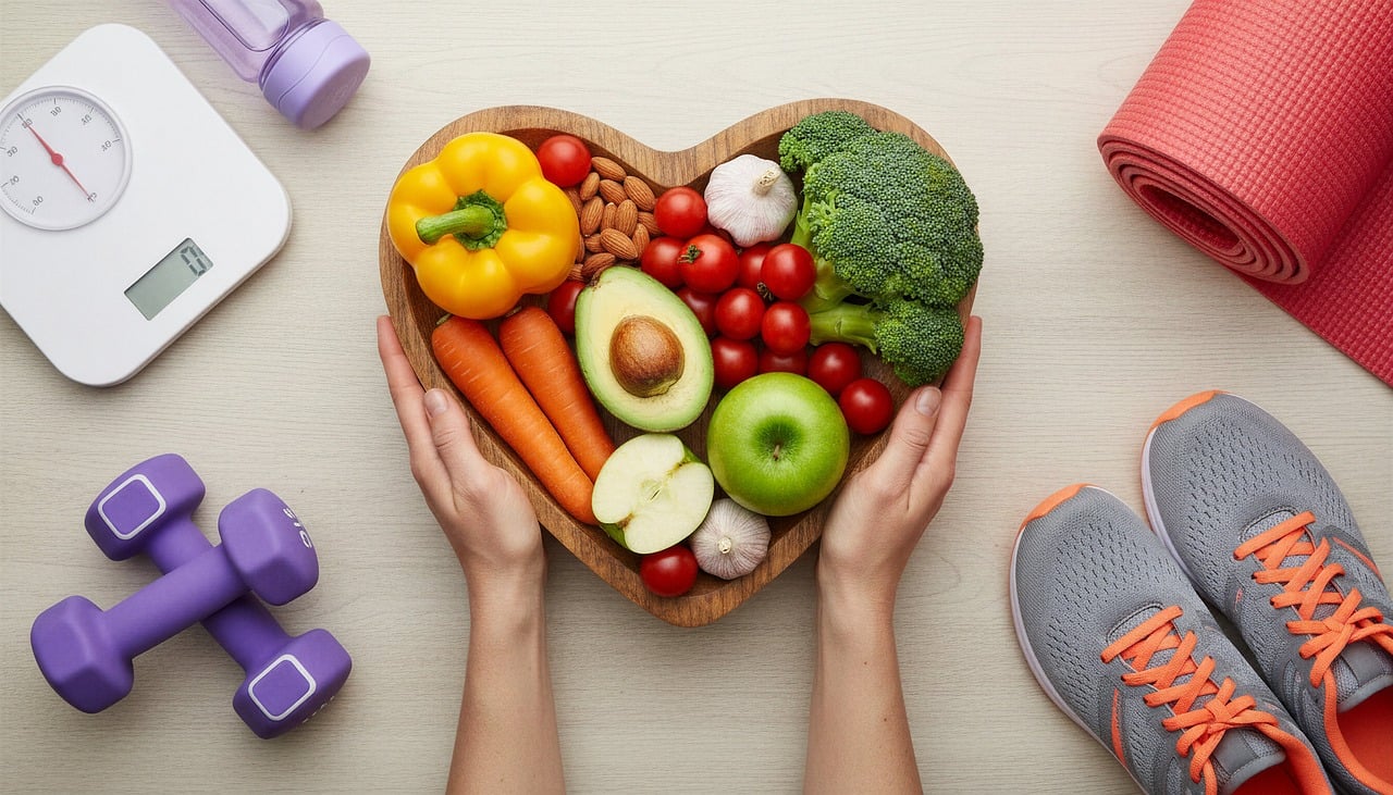 heart, food, healthy, diet, fitness, vegetables, fruits, dumbbells, slippers, weighing machine, mat, yoga, nutrition, wellness, weight, control, slim down, red, green, apple, pepper, sport, concept, balance, generated by ai